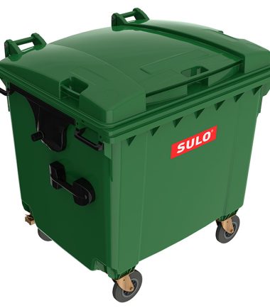 Contenedor de basura con 4 ruedas y tapa marca SULO color verde